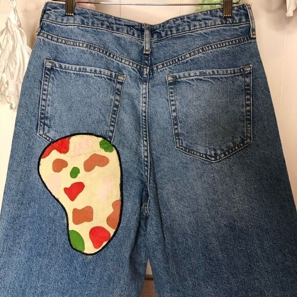 Giraffe Jeans Womens Printed Distressed Button Fly Boyfriend Jeans Blue Size 28 - Picture 4 of 7